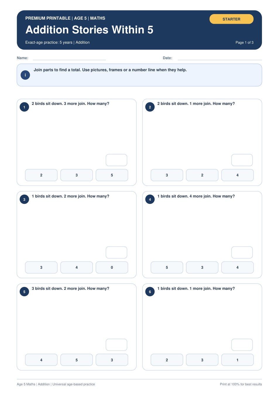 Addition Stories Within 5 worksheet preview