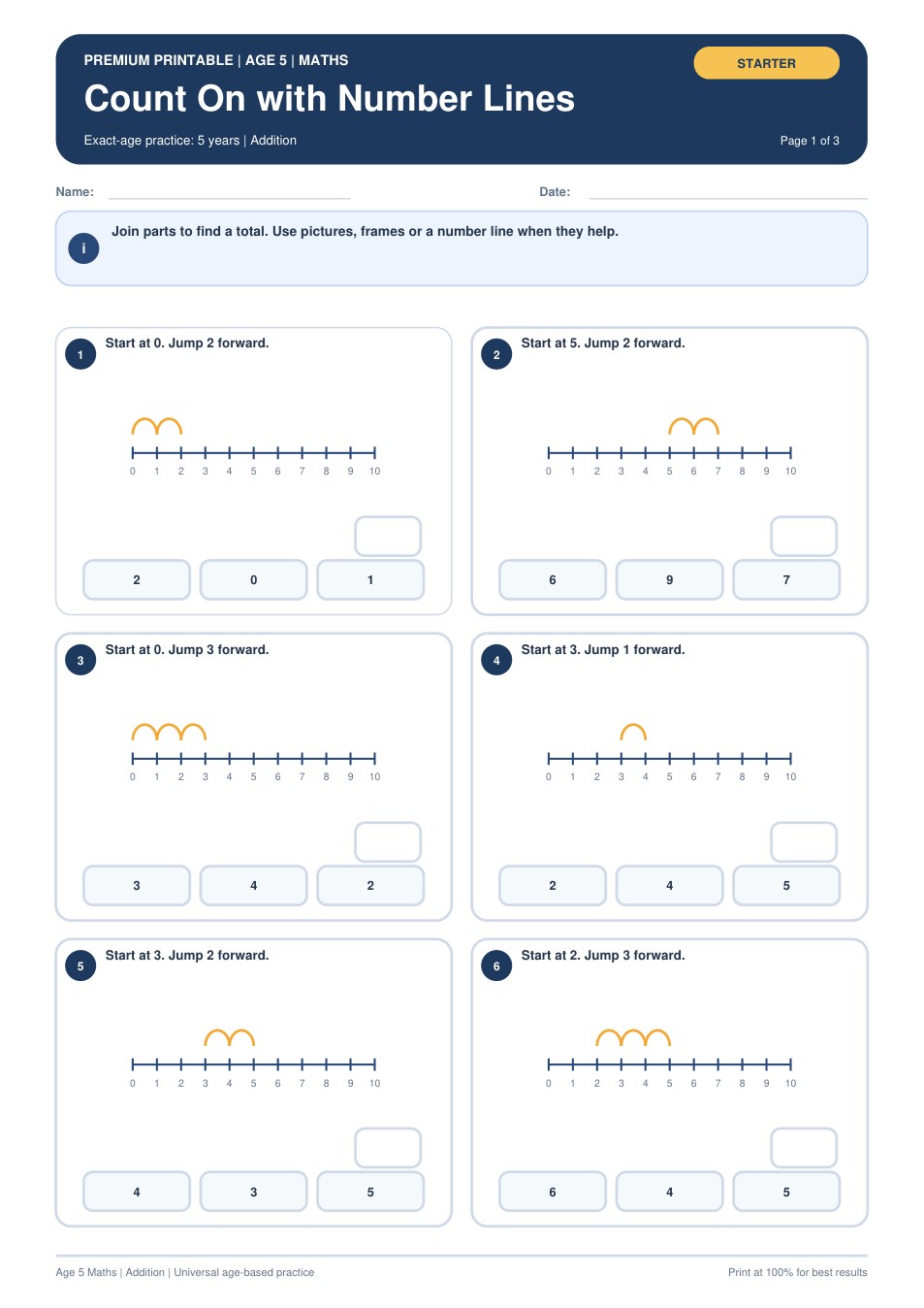 Count On with Number Lines worksheet preview