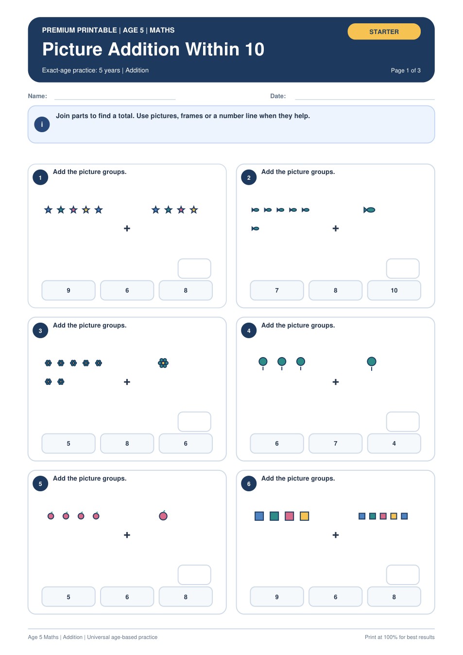 Picture Addition Within 10 worksheet preview