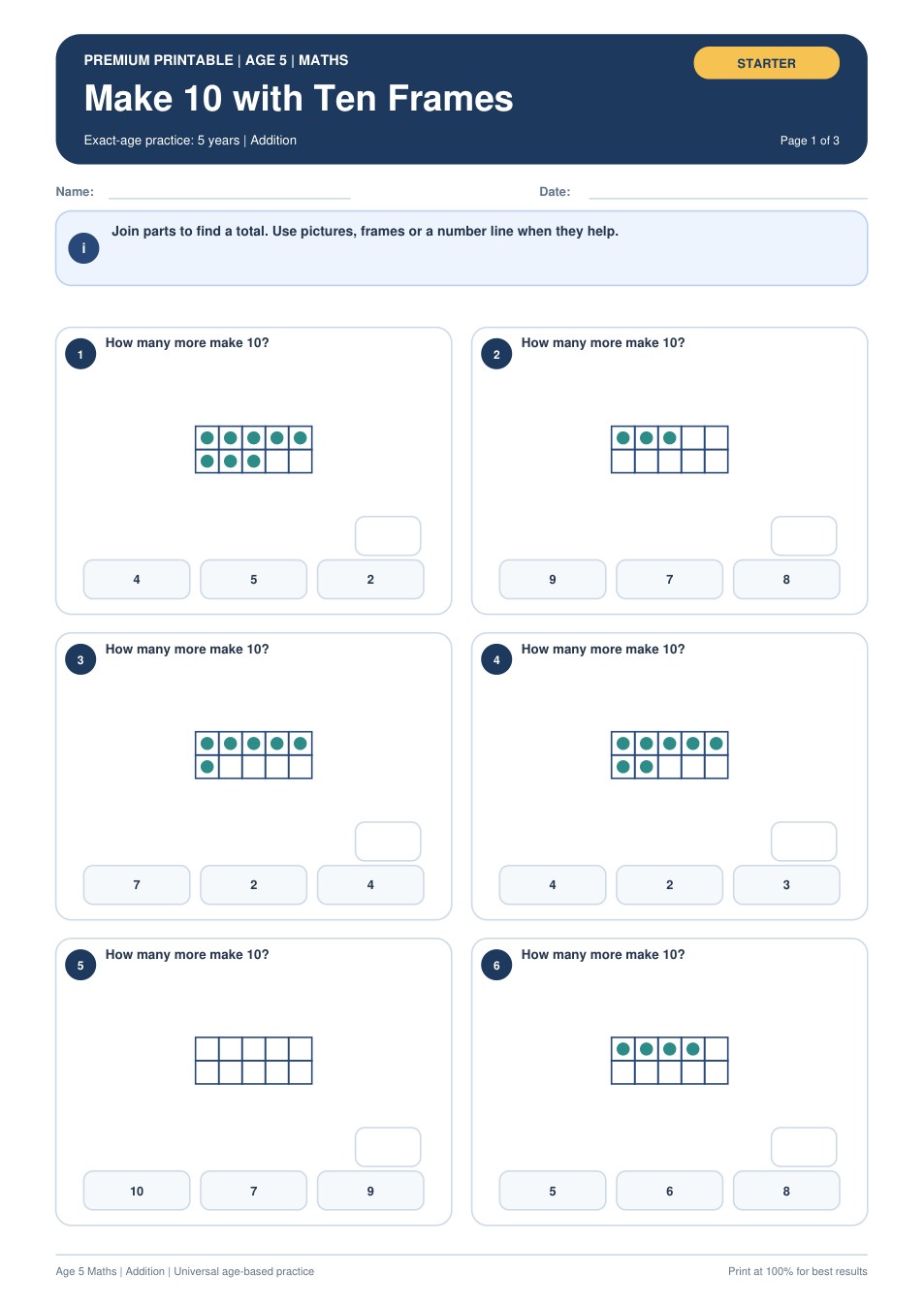 Make 10 with Ten Frames worksheet preview