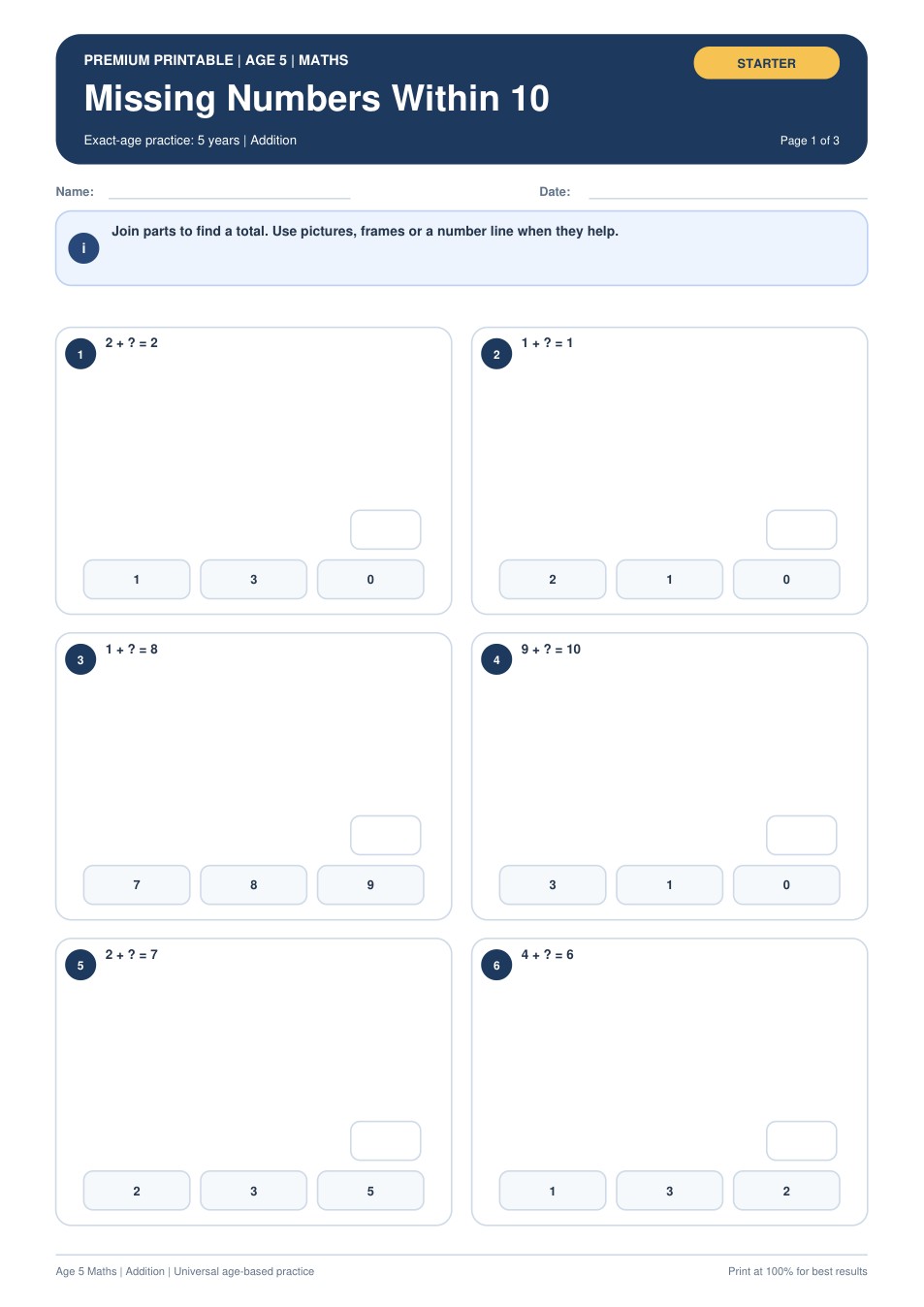 Missing Numbers Within 10 worksheet preview