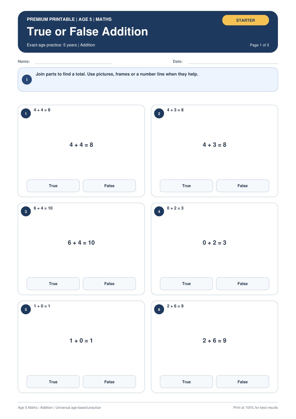 True or False Addition worksheet preview