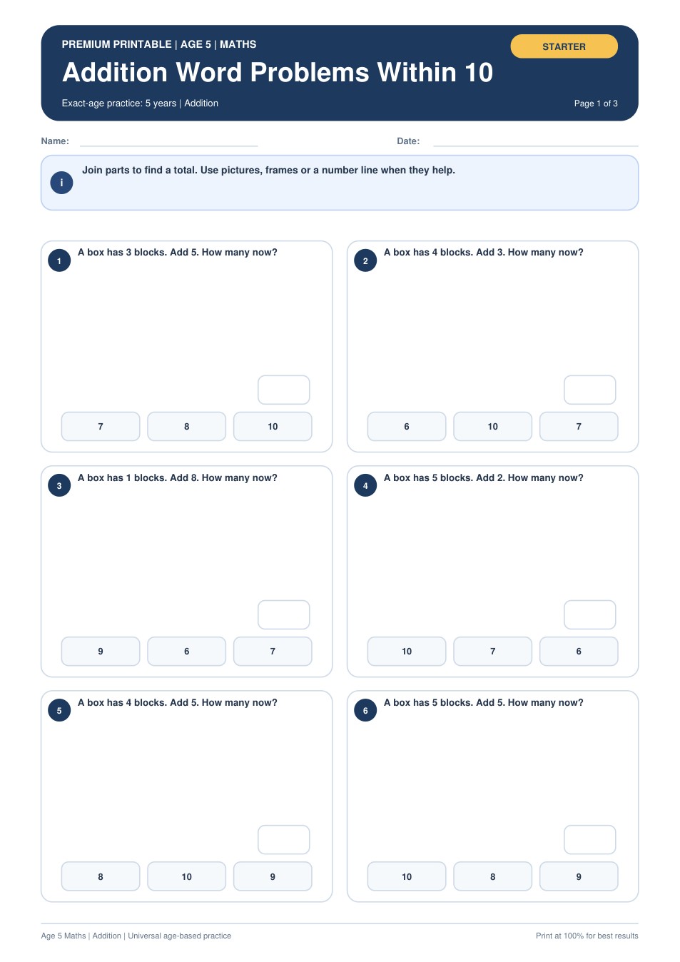Addition Word Problems Within 10 worksheet preview
