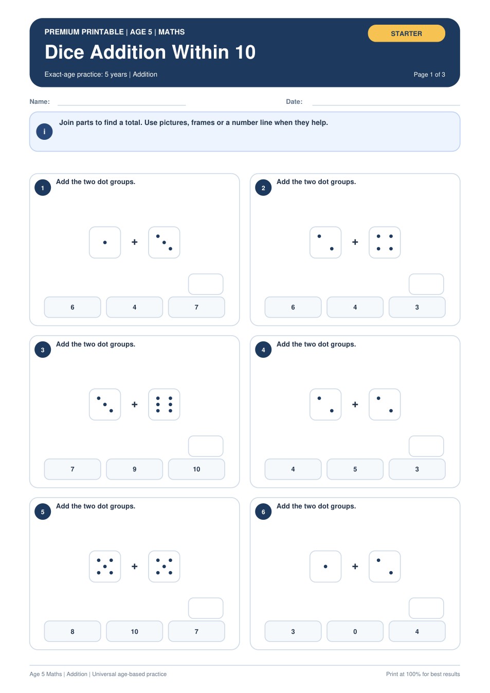 Dice Addition Within 10 worksheet preview