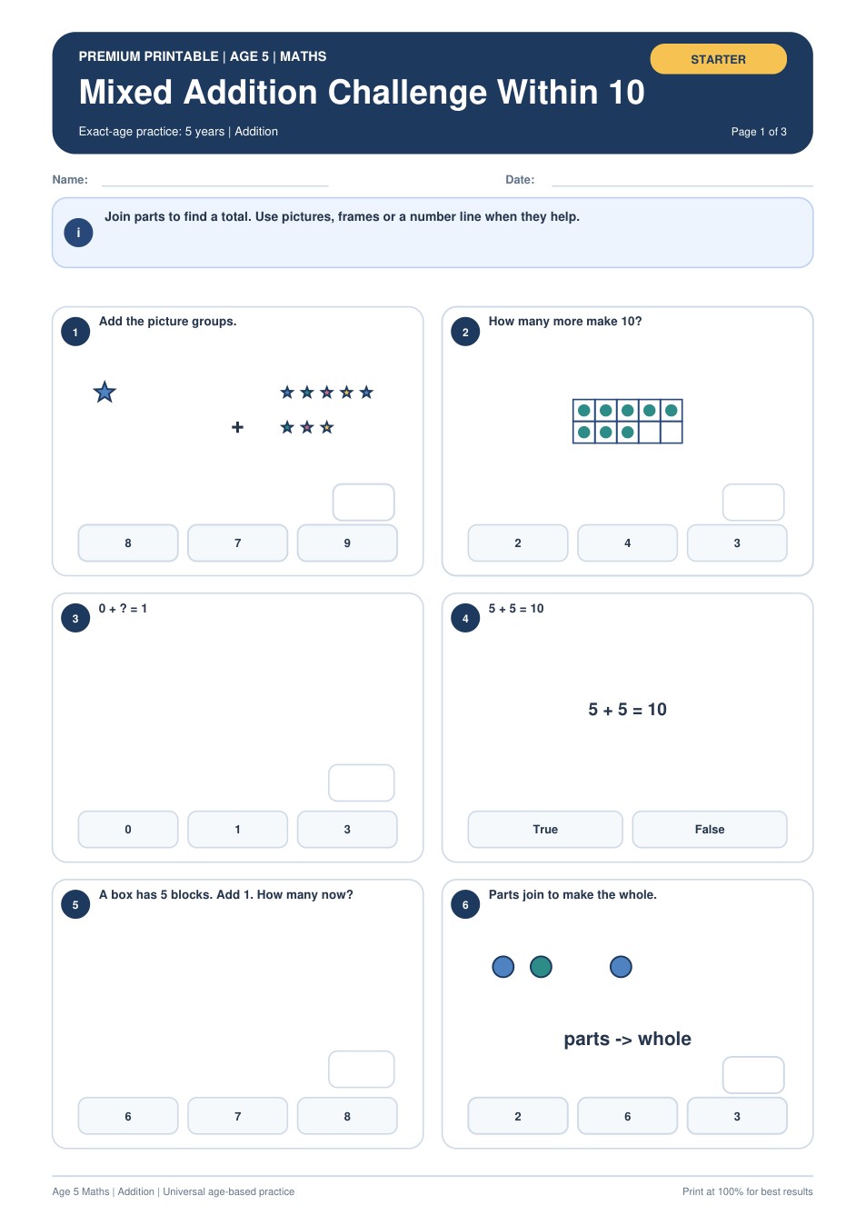 Mixed Addition Challenge Within 10 worksheet preview