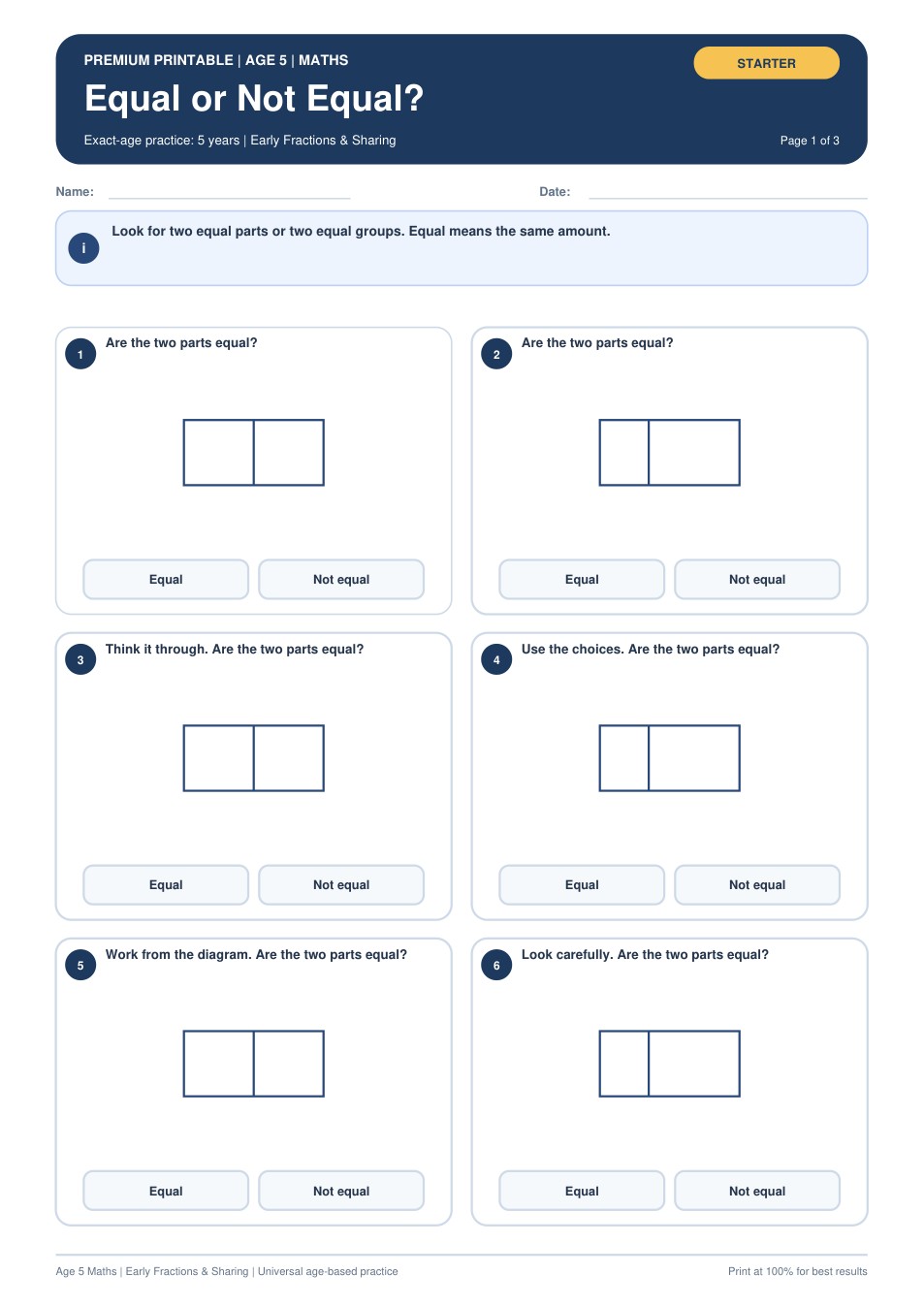 Equal or Not Equal? worksheet preview