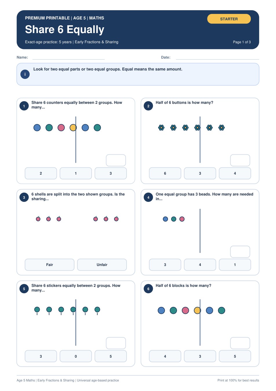 Share 6 Equally worksheet preview