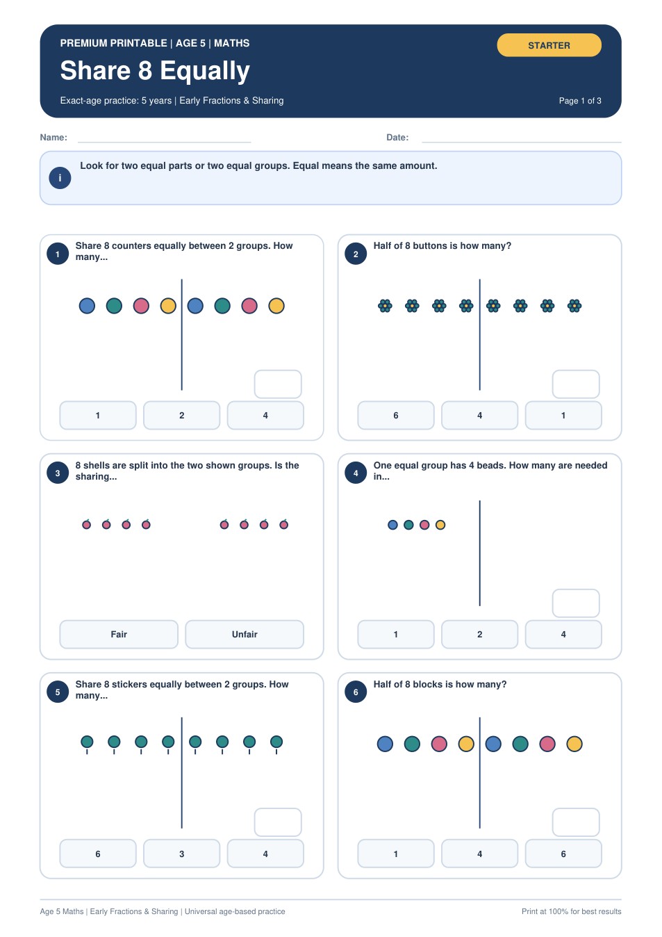 Share 8 Equally worksheet preview