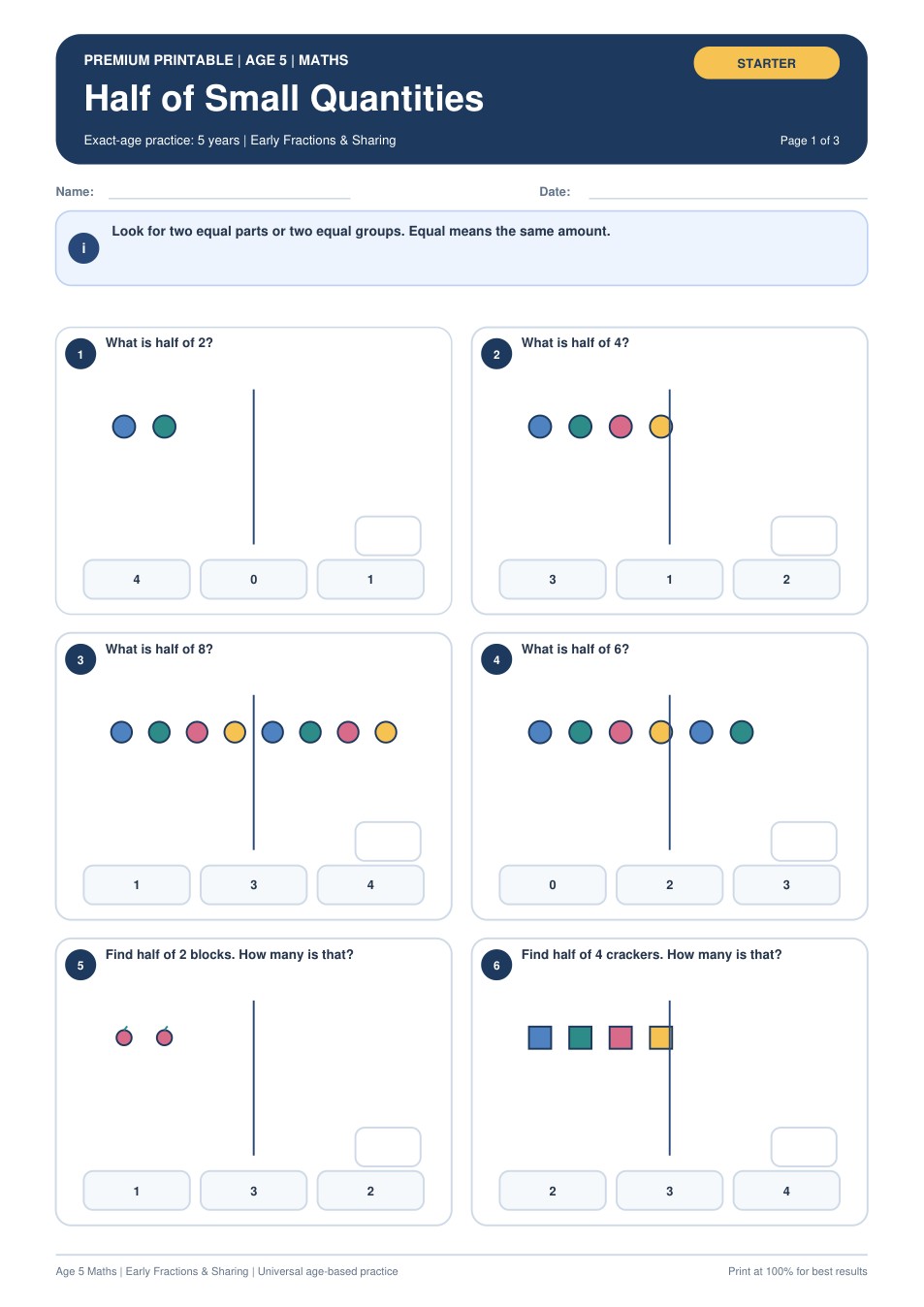 Half of Small Quantities worksheet preview