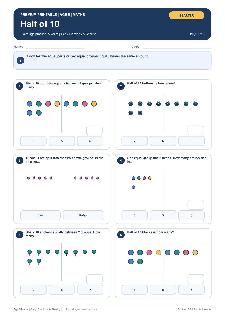 Half of 10 worksheet preview
