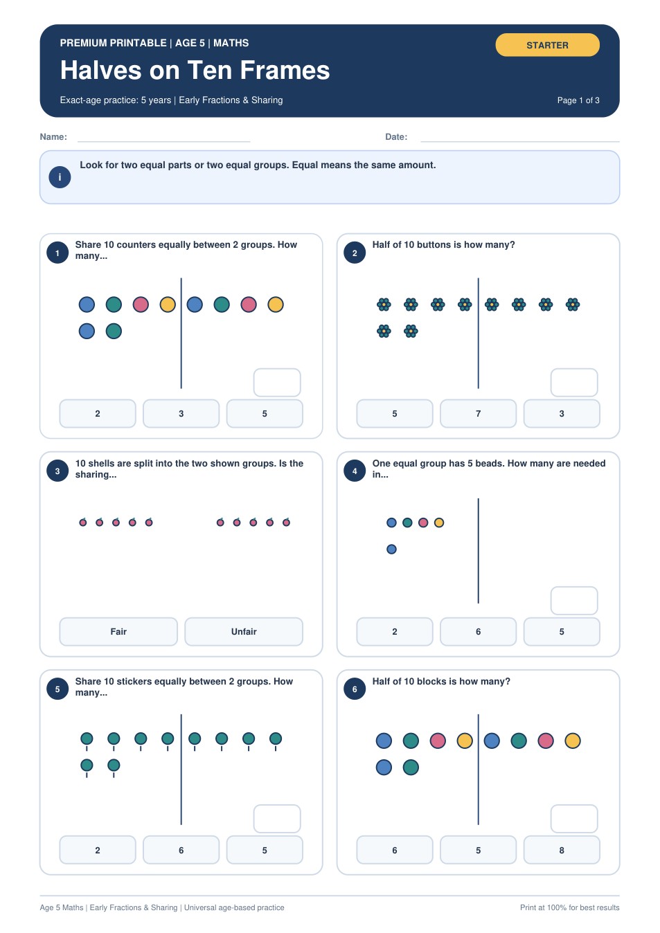 Halves on Ten Frames worksheet preview