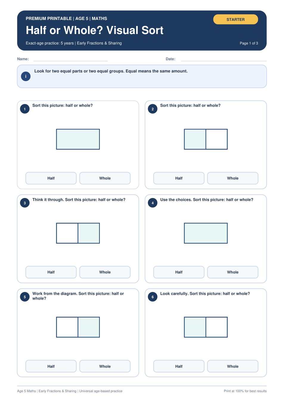 Half or Whole? Visual Sort worksheet preview