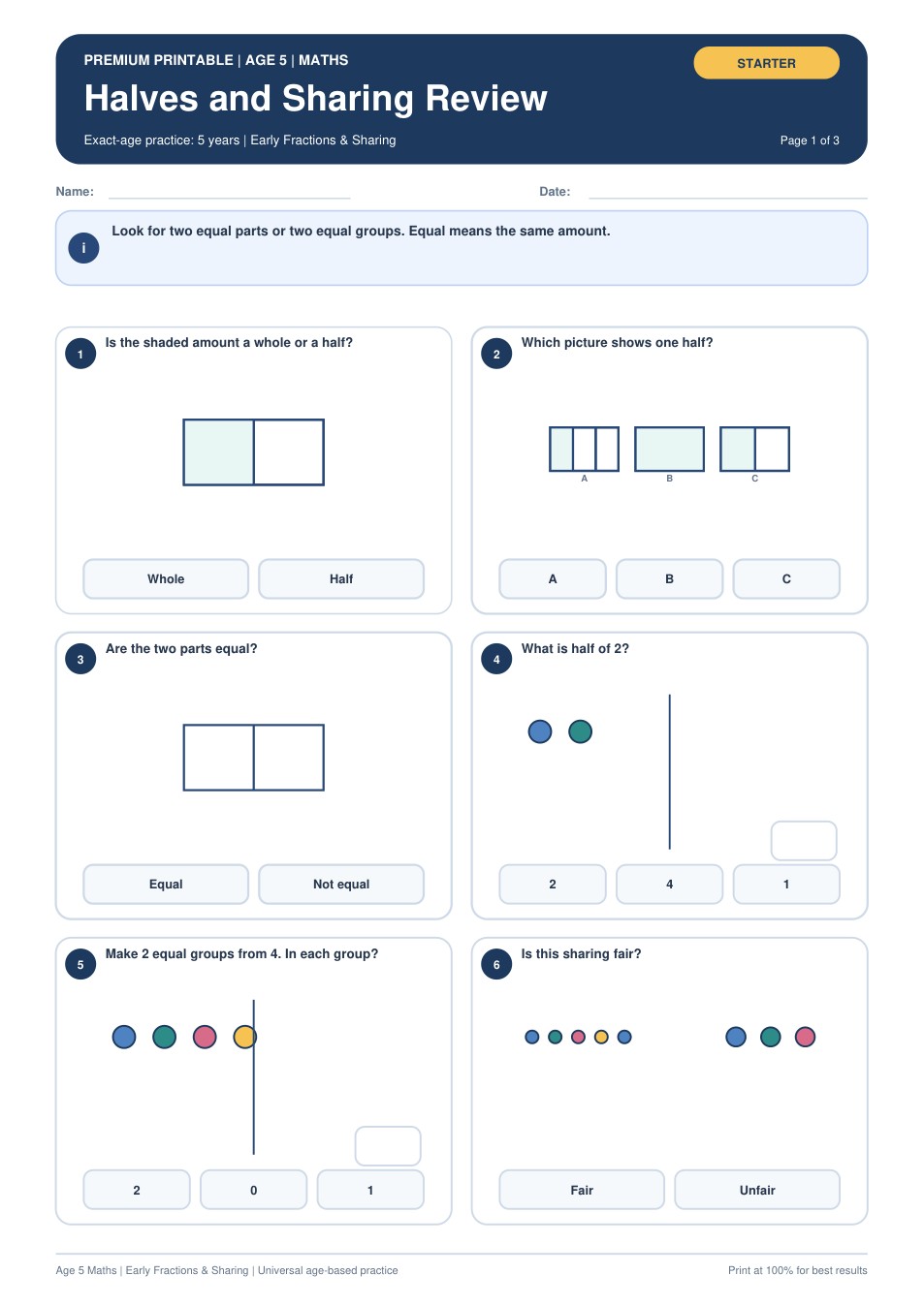 Halves and Sharing Review worksheet preview