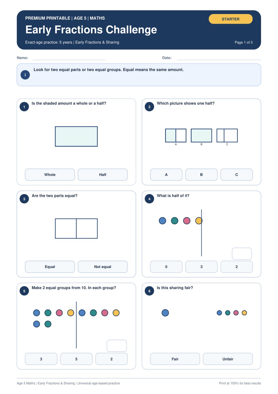 Early Fractions Challenge worksheet preview