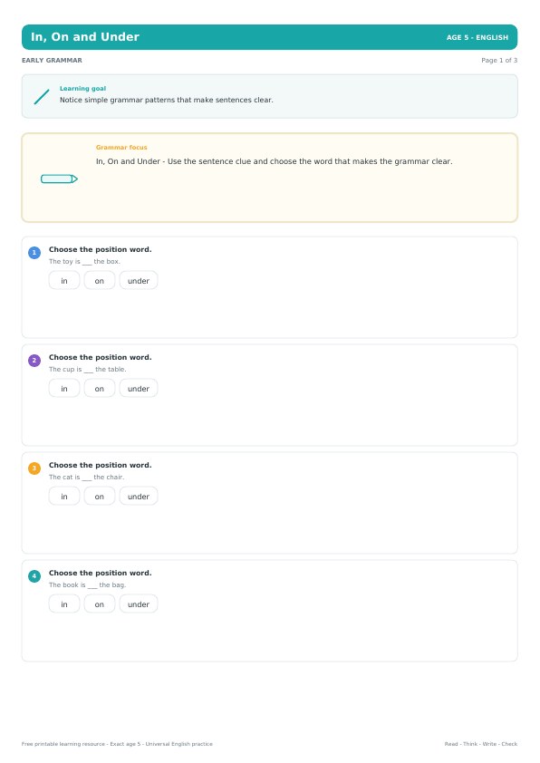 In, On and Under worksheet preview