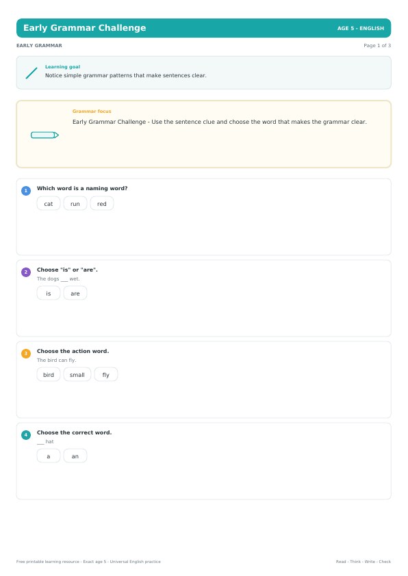 Early Grammar Challenge worksheet preview