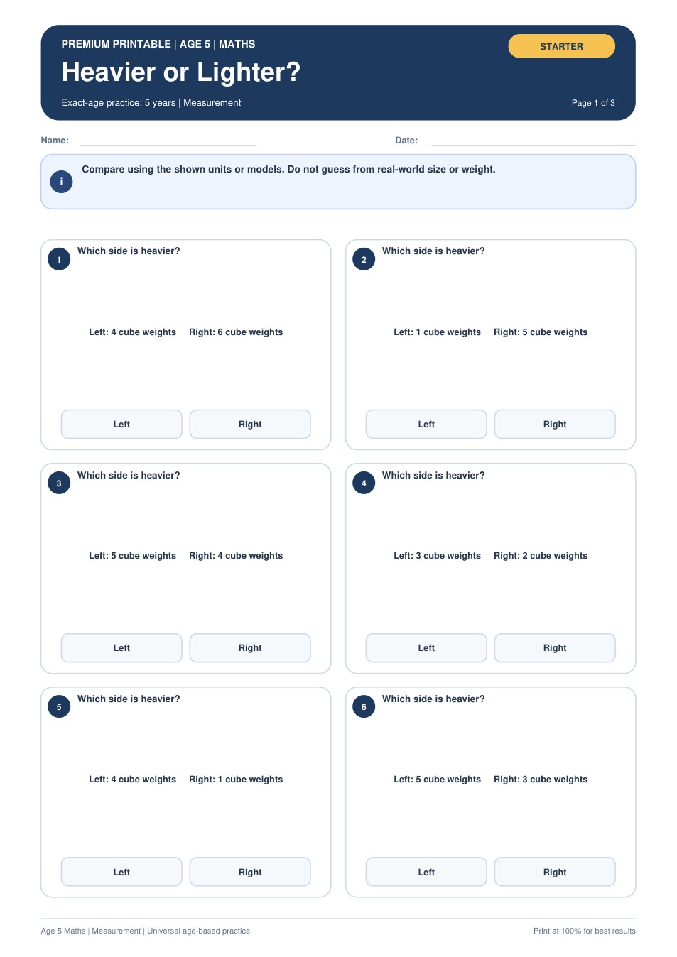 Heavier or Lighter? worksheet preview