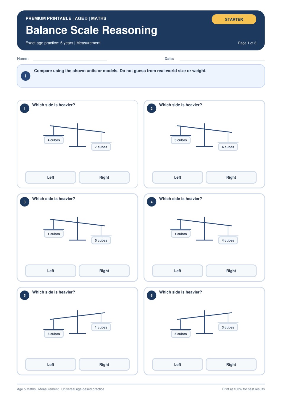Balance Scale Reasoning worksheet preview