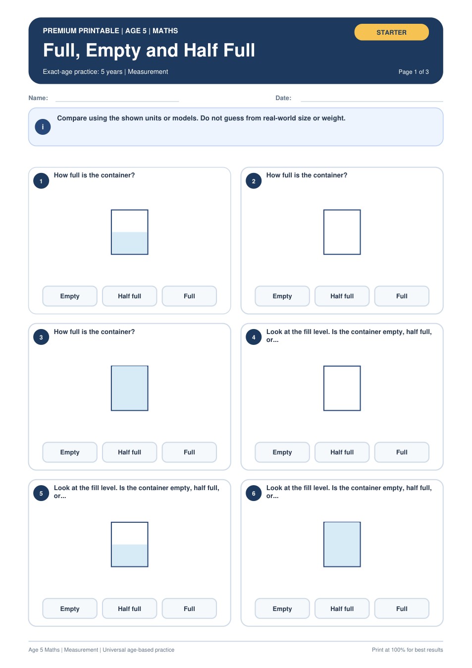 Full, Empty and Half Full worksheet preview