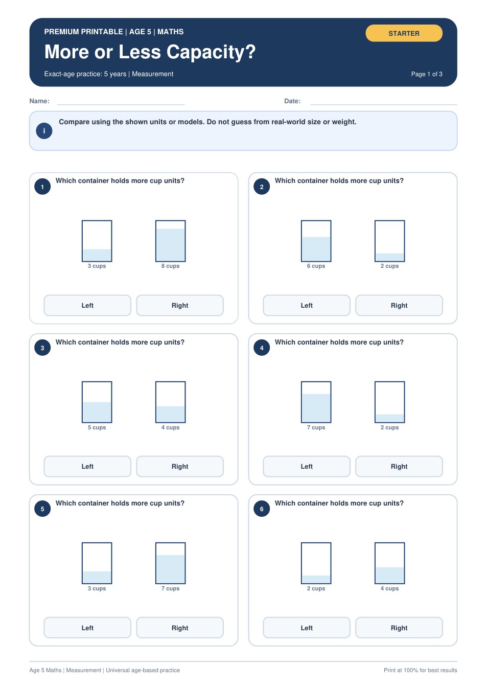 More or Less Capacity? worksheet preview