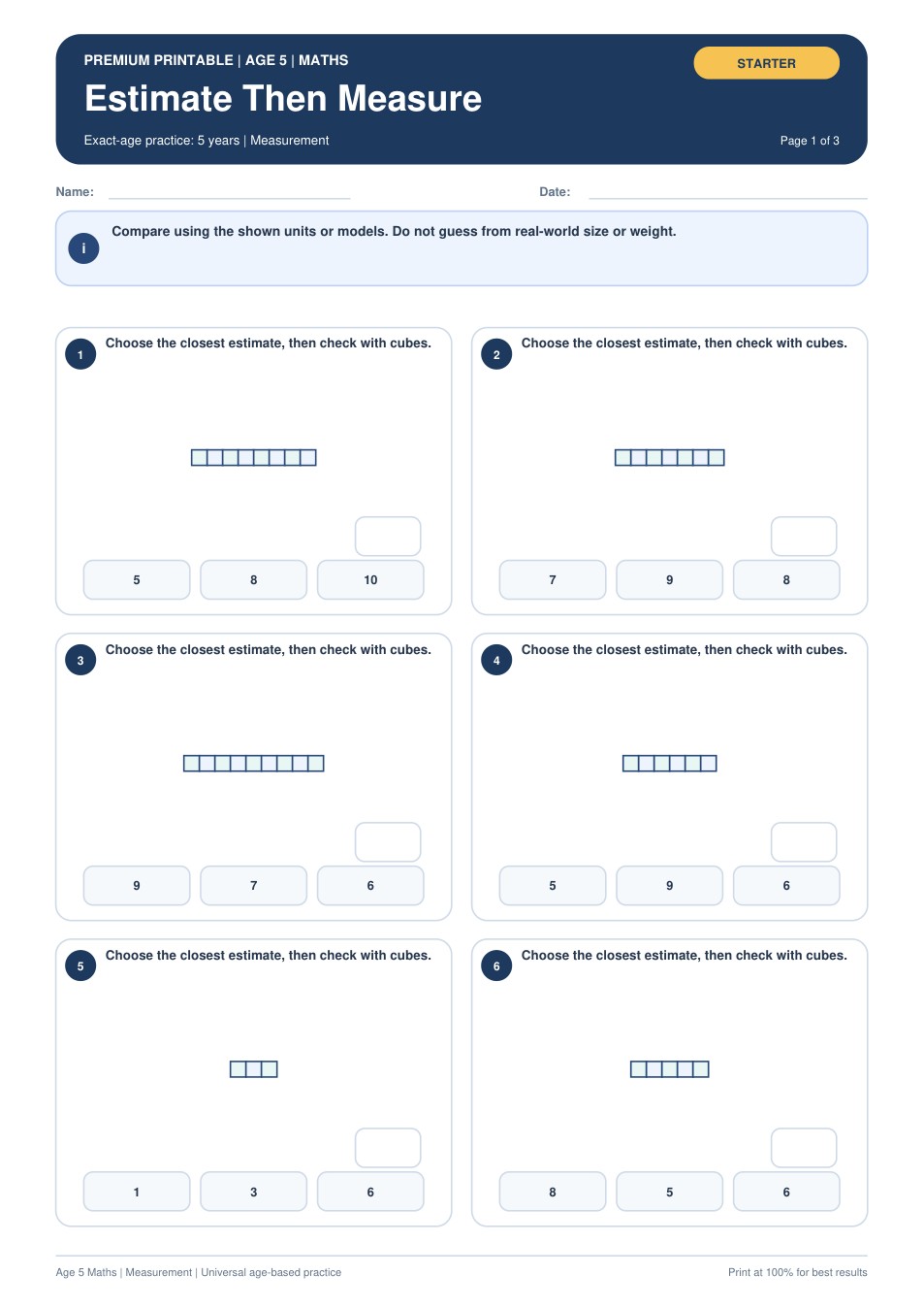 Estimate Then Measure worksheet preview