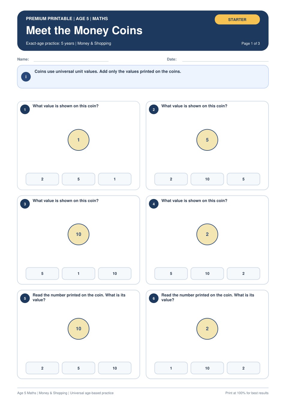 Meet the Money Coins worksheet preview