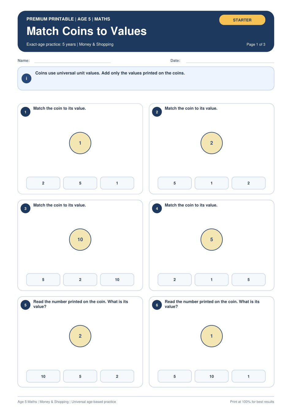 Match Coins to Values worksheet preview