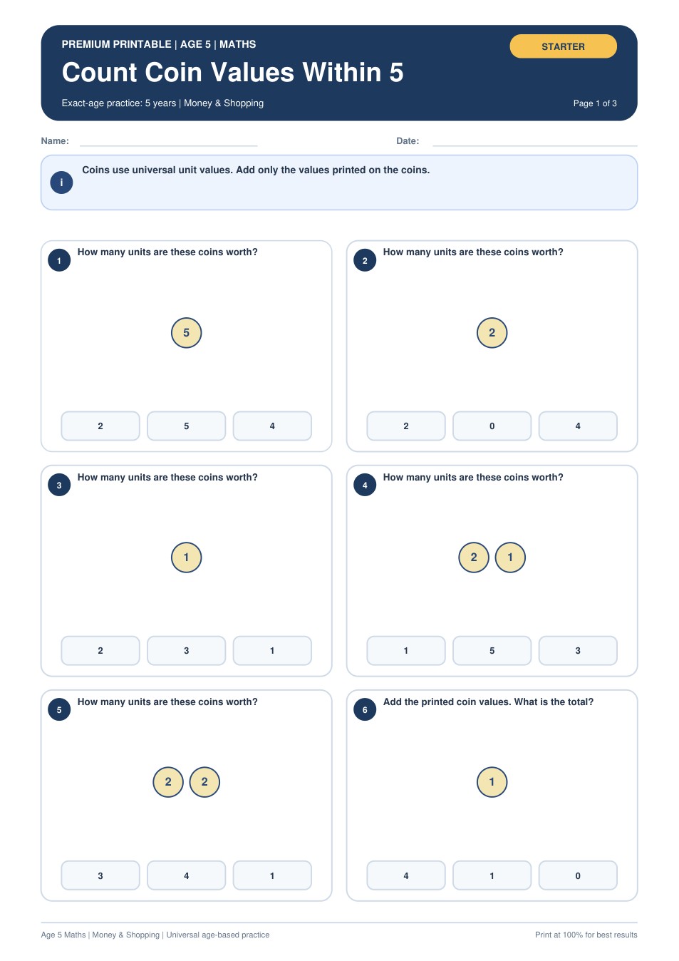 Count Coin Values Within 5 worksheet preview