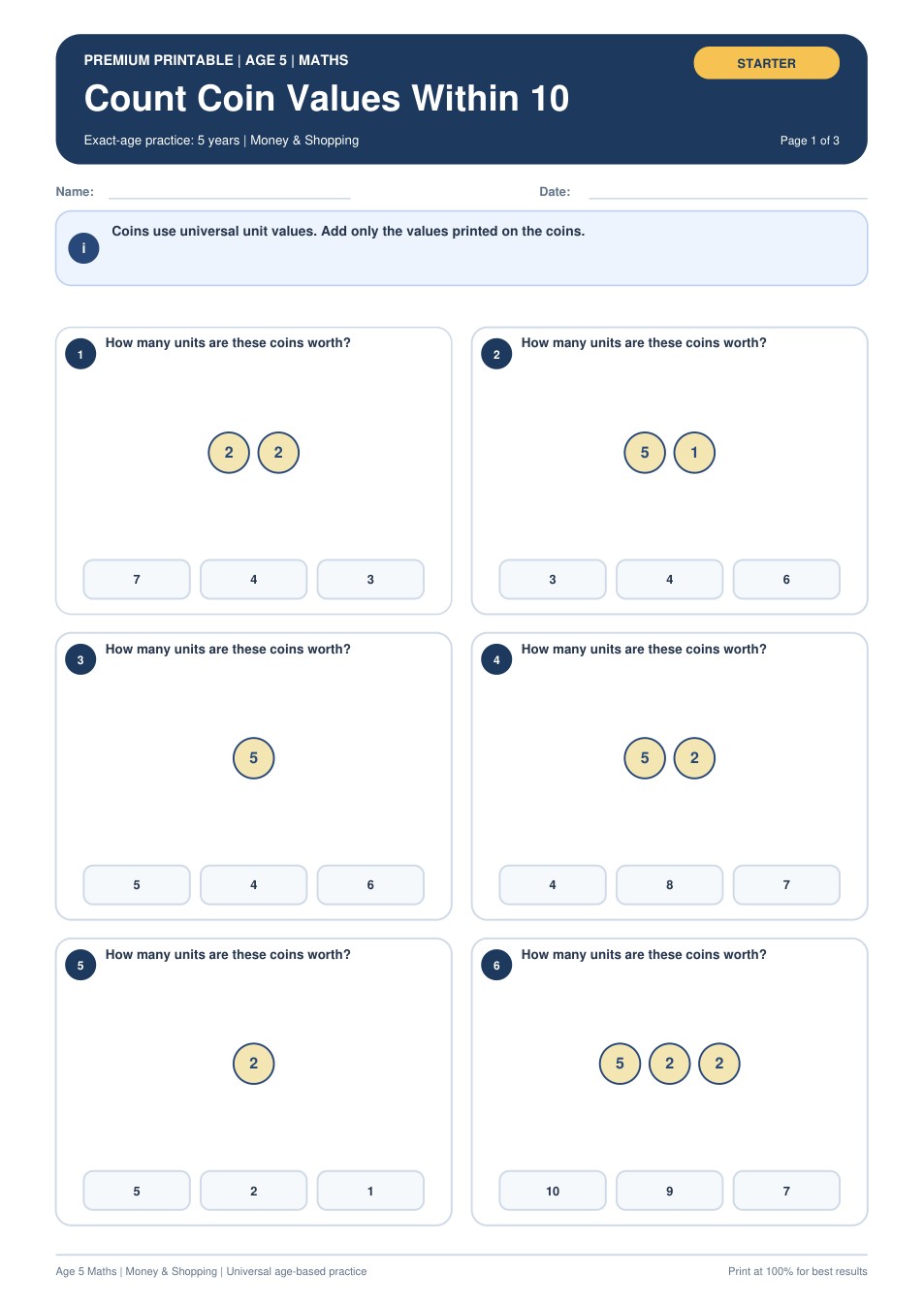 Count Coin Values Within 10 worksheet preview