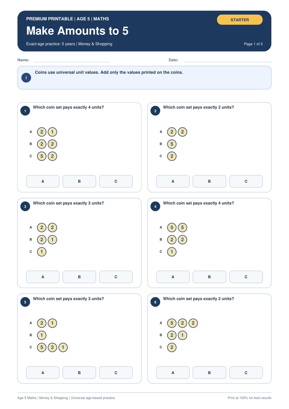 Make Amounts to 5 worksheet preview