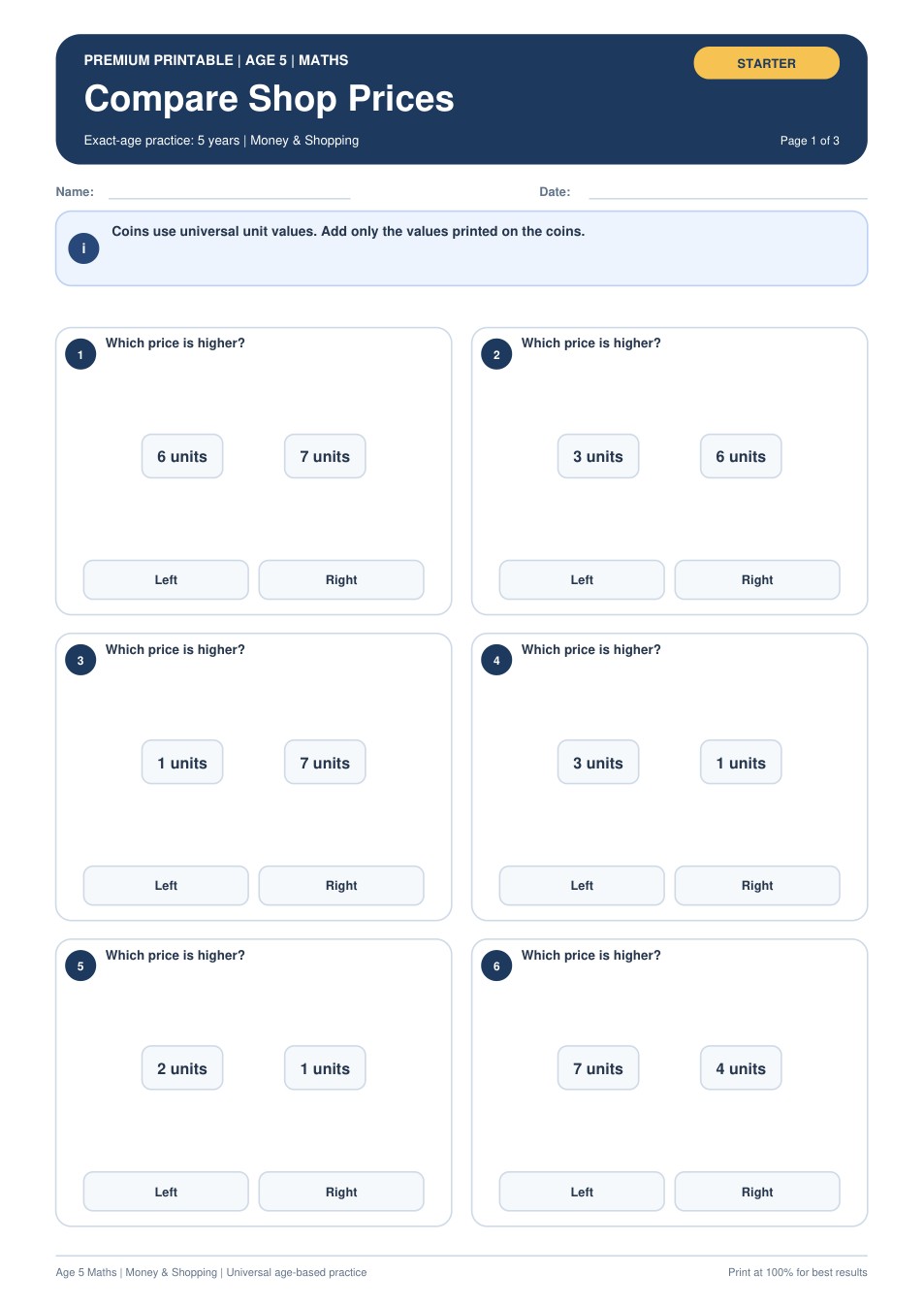 Compare Shop Prices worksheet preview