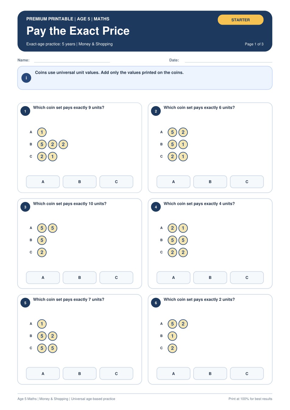 Pay the Exact Price worksheet preview