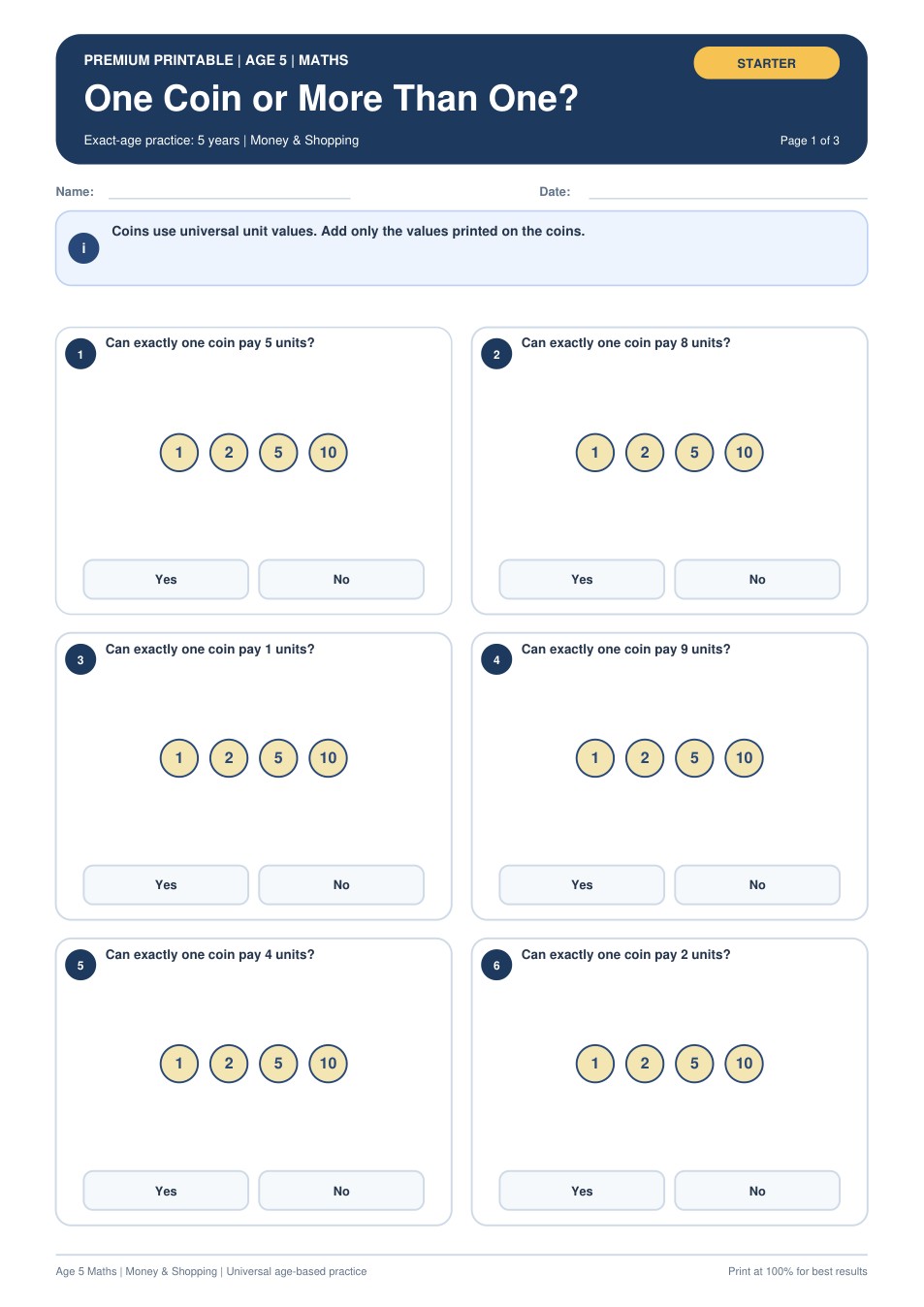 One Coin or More Than One? worksheet preview