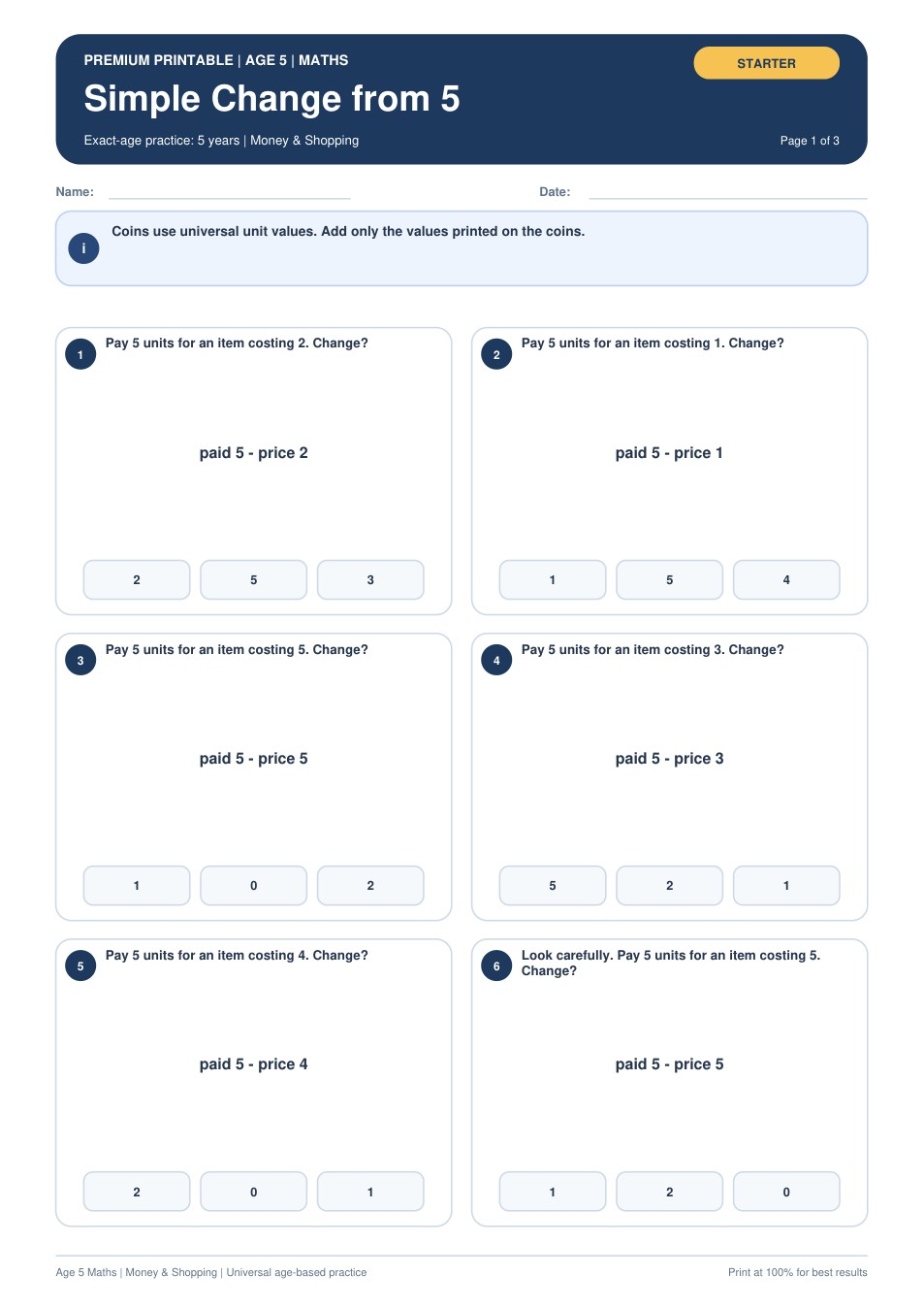 Simple Change from 5 worksheet preview