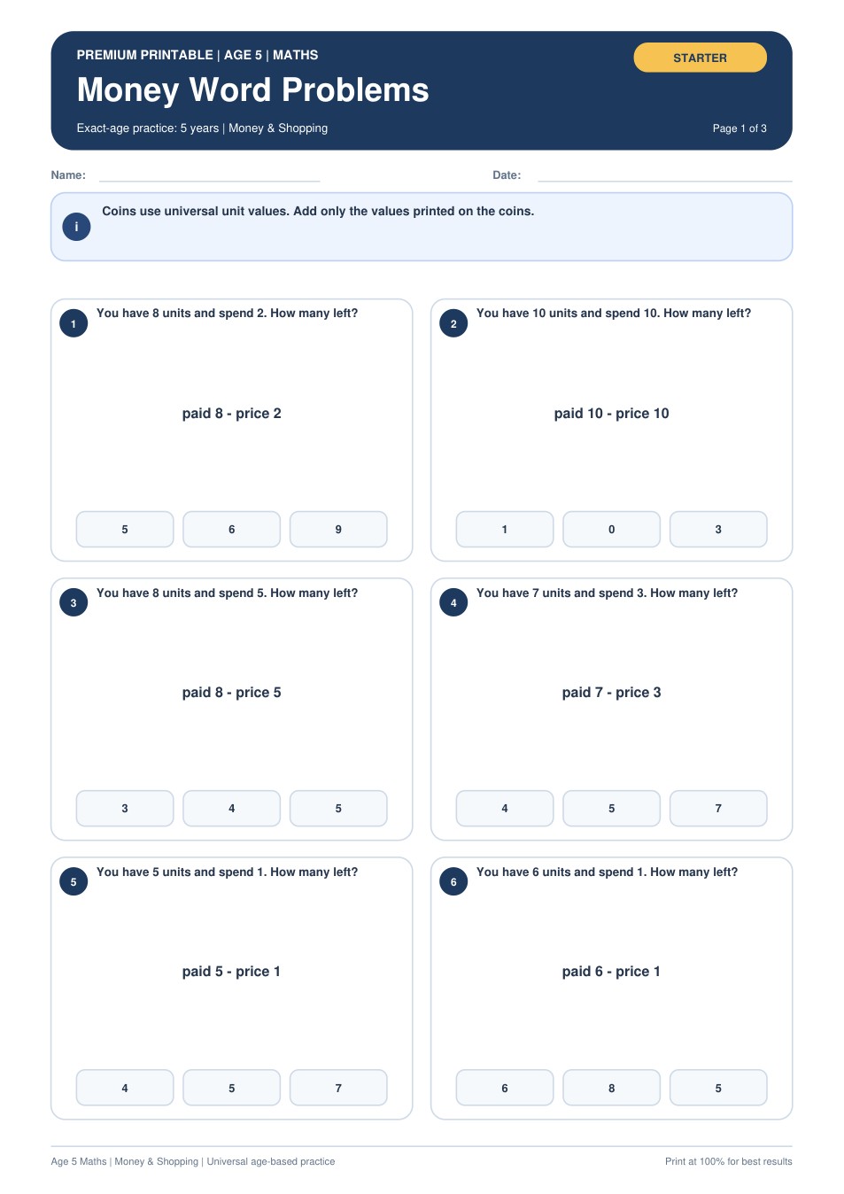 Money Word Problems worksheet preview