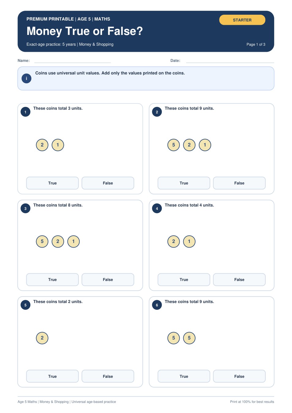 Money True or False? worksheet preview