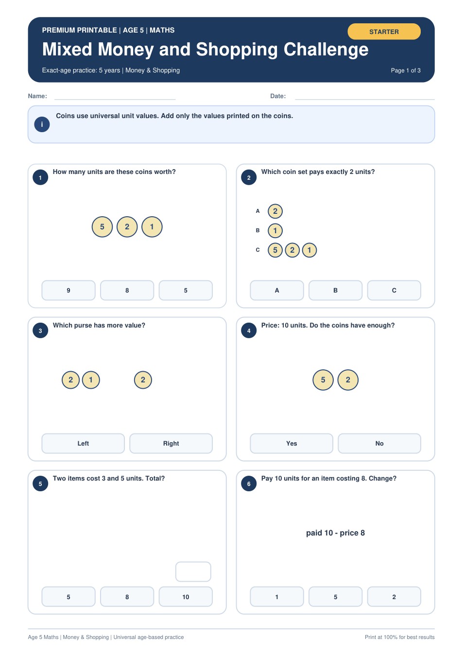 Mixed Money and Shopping Challenge worksheet preview
