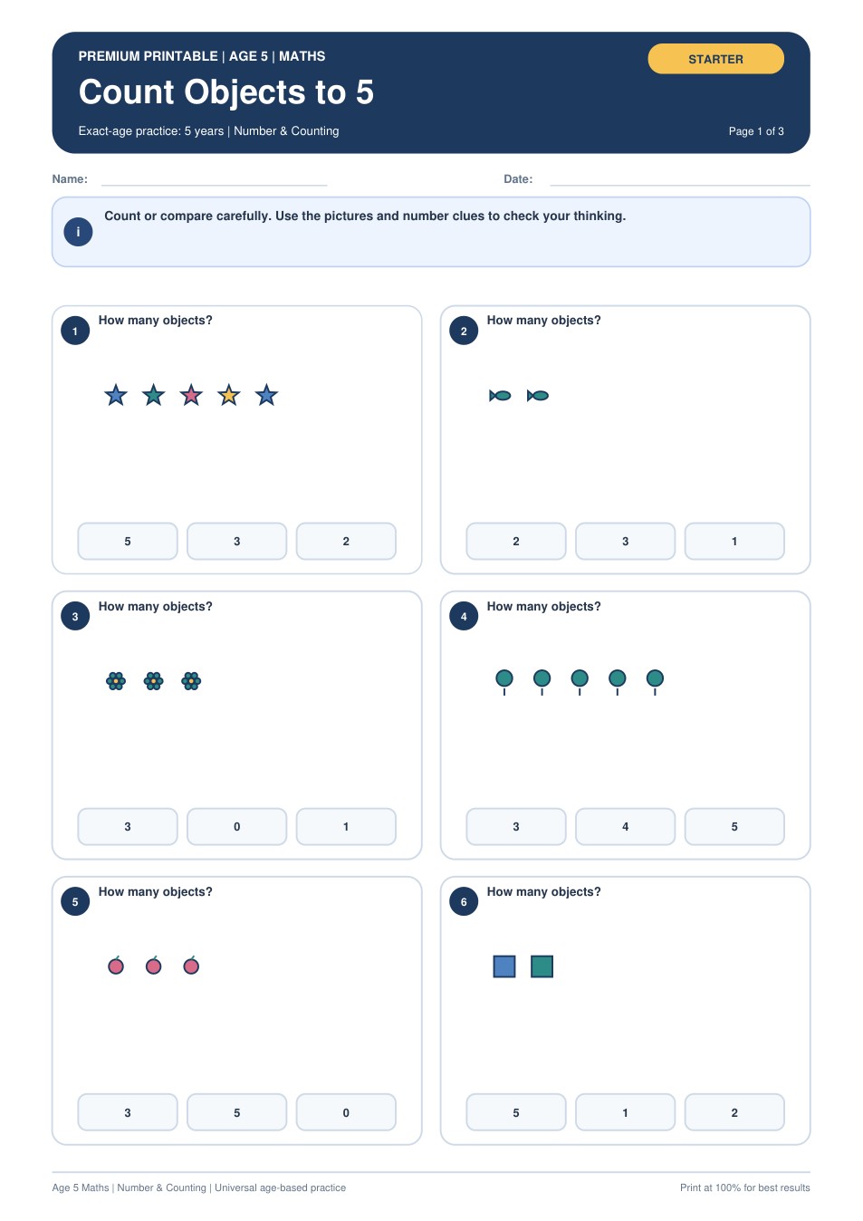 Count Objects to 5 worksheet preview