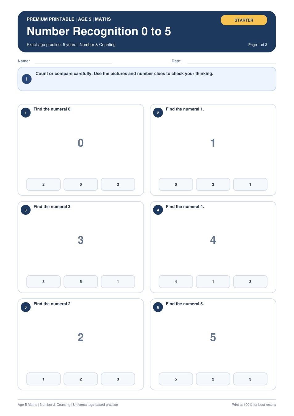 Number Recognition 0 to 5 worksheet preview