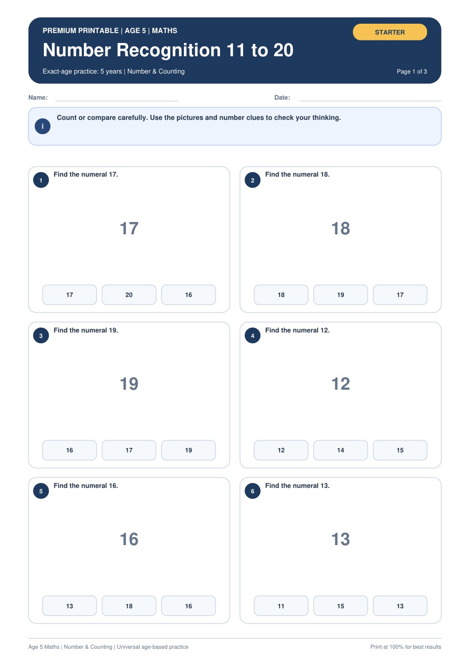 Number Recognition 11 to 20 worksheet preview