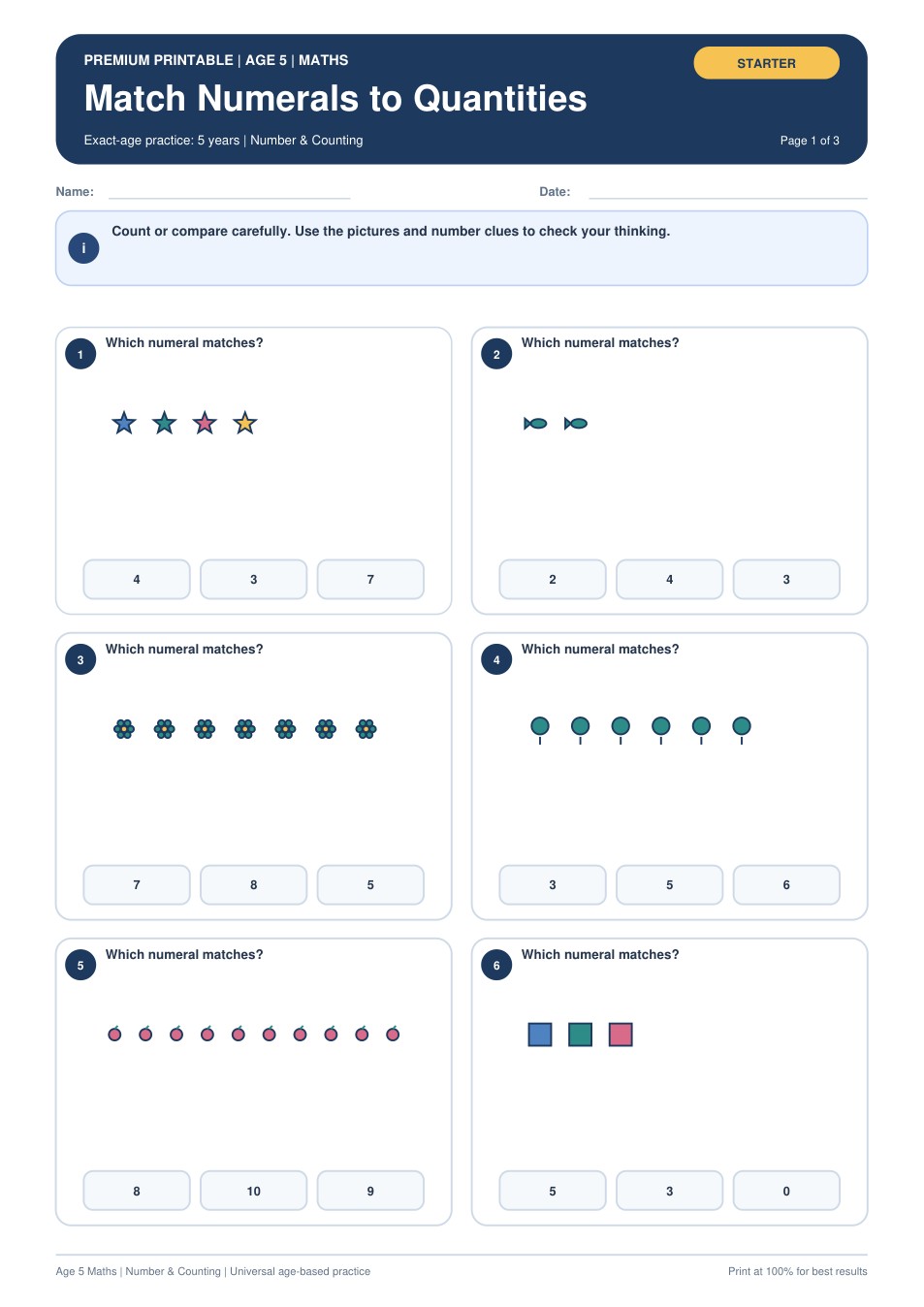 Match Numerals to Quantities worksheet preview