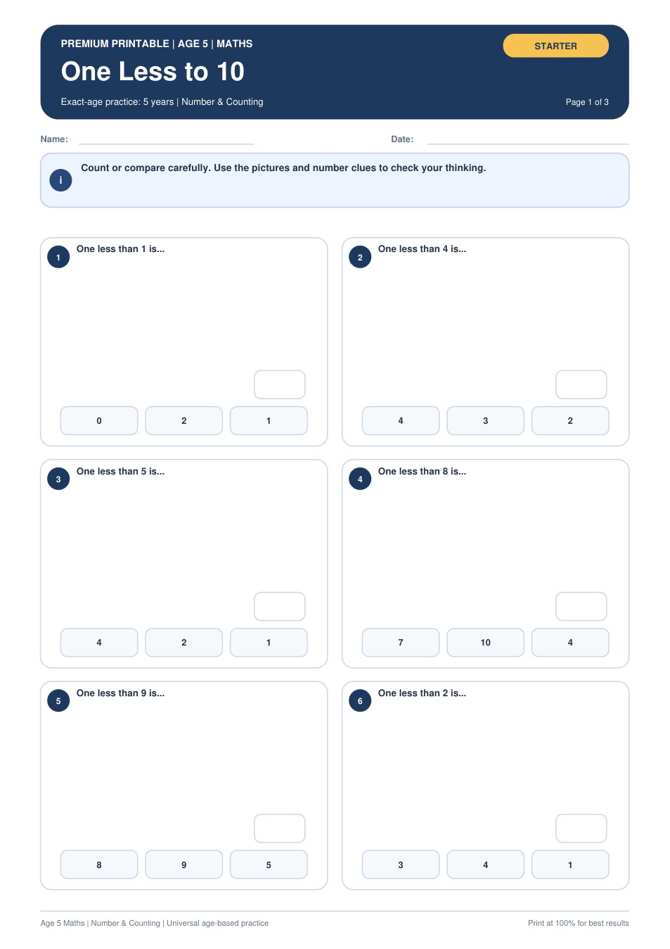 One Less to 10 worksheet preview