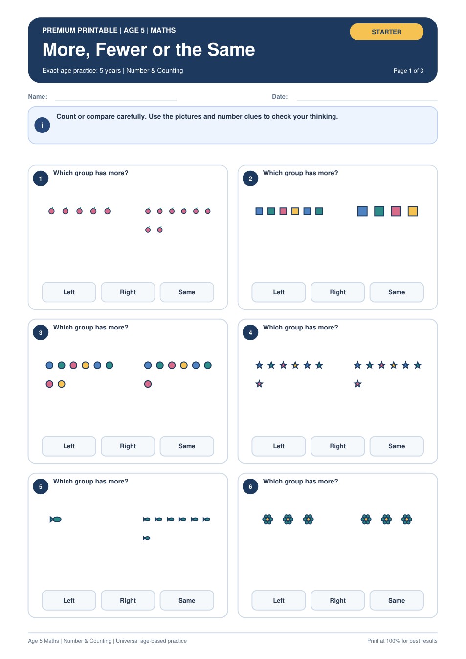 More, Fewer or the Same worksheet preview