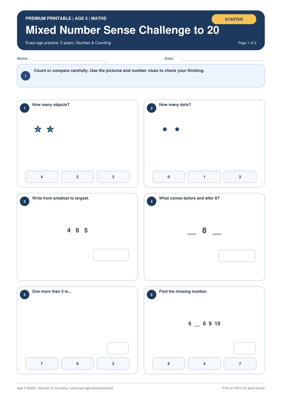 Mixed Number Sense Challenge to 20 worksheet preview