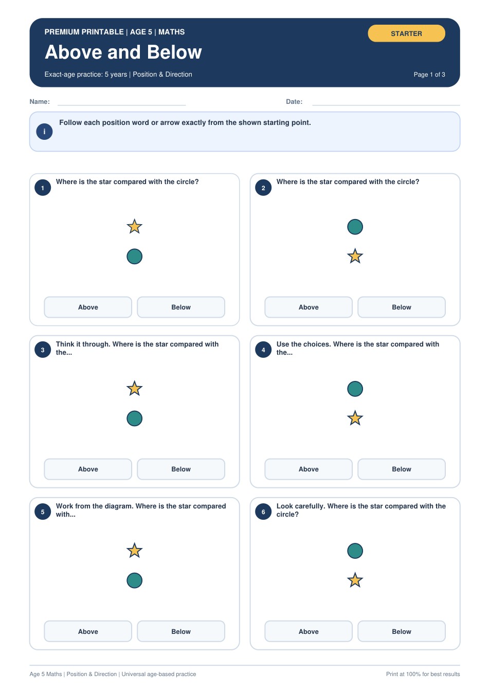 Above and Below worksheet preview