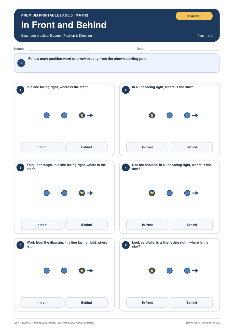 In Front and Behind worksheet preview