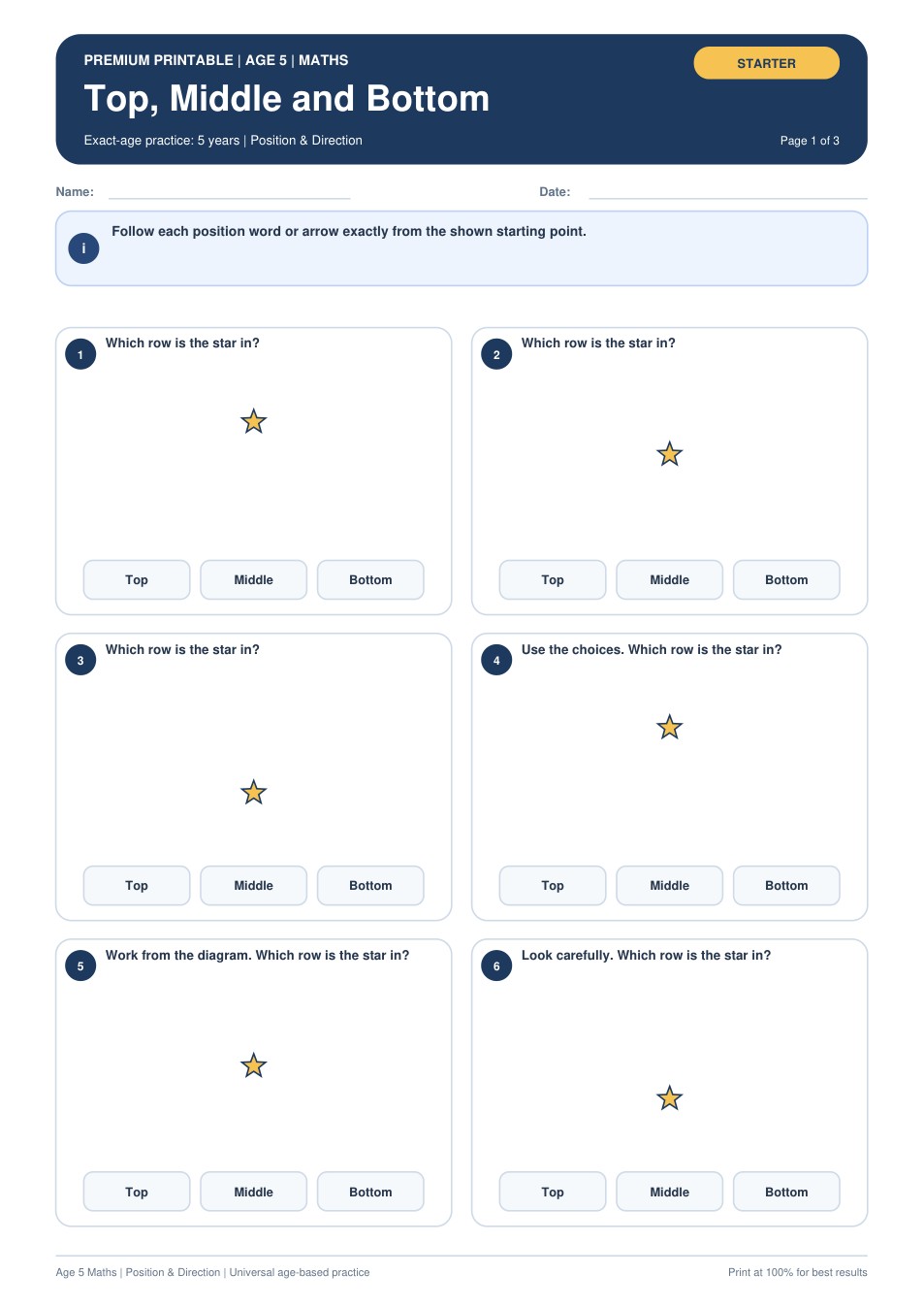 Top, Middle and Bottom worksheet preview