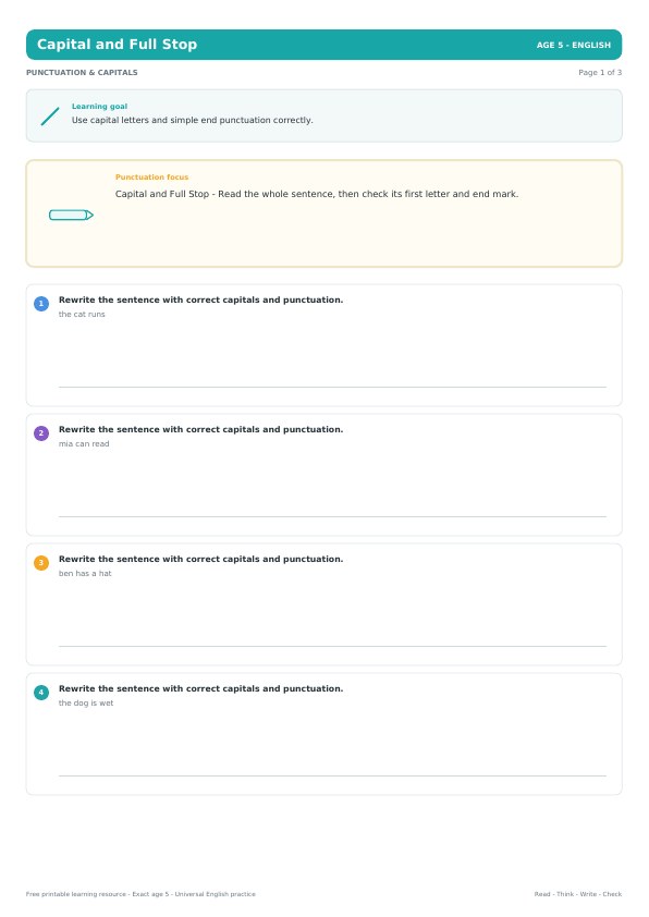Capital and Full Stop worksheet preview