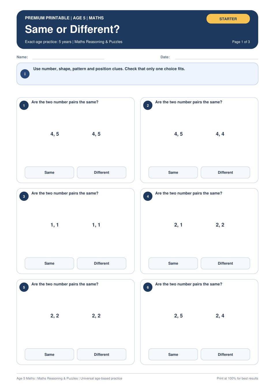 Same or Different? worksheet preview