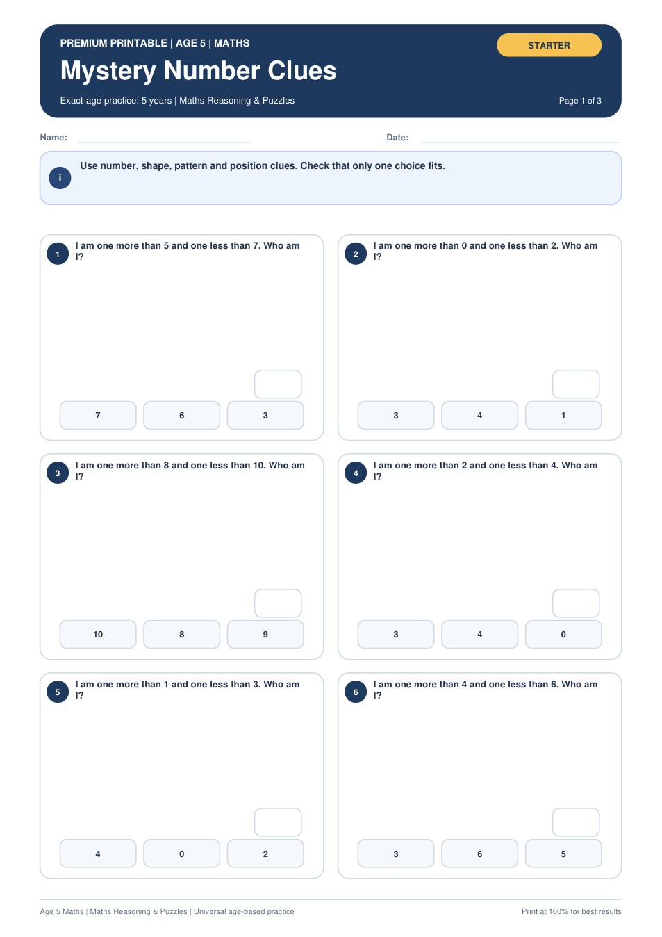 Mystery Number Clues worksheet preview